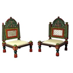 Hand Painted Wooden Carved Low Chairs - Set of 2