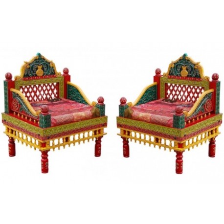 Indian Style Carved Rajasthani Chair Set (2 Pcs)