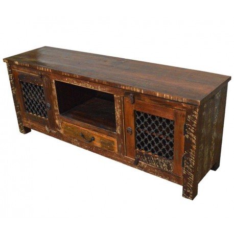 Reclaimed Wood Rustic Entertainment Center Cabinet with Iron Grill