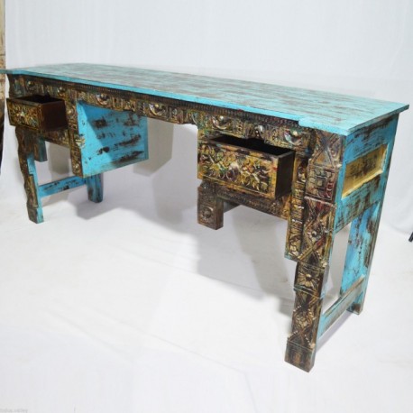 Indian Antique Panel Hand Carved Blue Hall Table Desk
