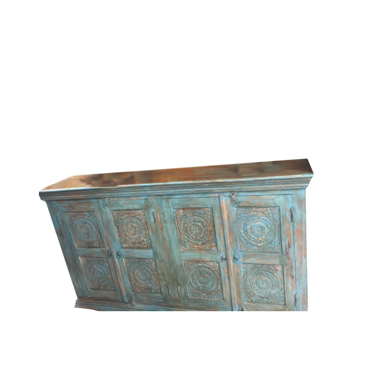 Antique Sideboard Distressed Wood Blue Carved Chakra Buffet Chest