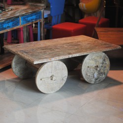 Solid Wood Distressed White Washed Coffee Table on Wheels